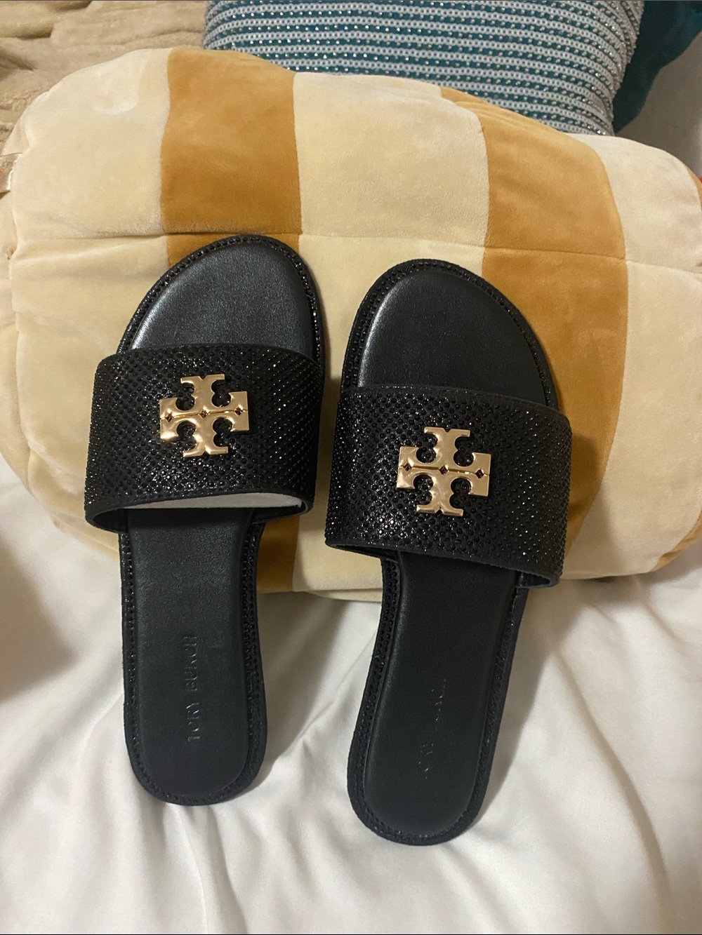 Tory Burch Black Slide Sandals with Gold Logo